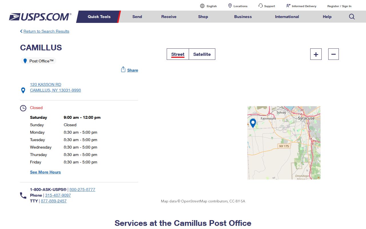 Camillus ZIP code directory USPS location result